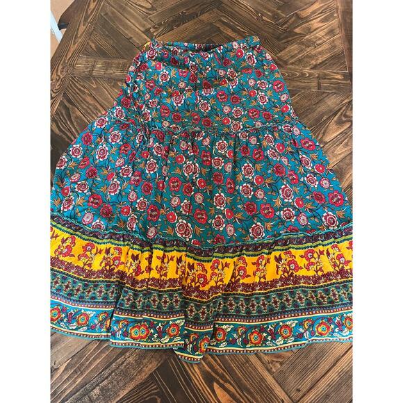 Boho Western Cottage Floral Tiered Broom Skirt Women Large Light Southwestern - Picture 3 of 6